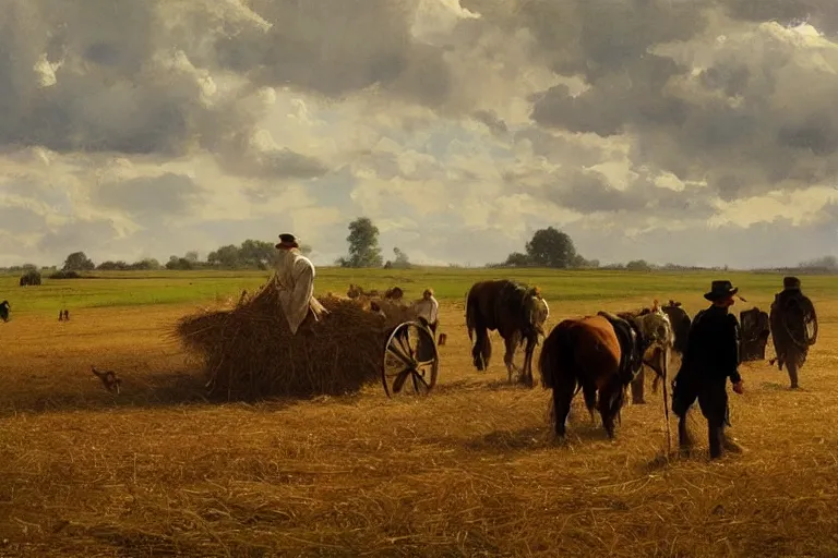 Image similar to simple amish farmers shocking hay in open fields, art by anders zorn, wonderful masterpiece by greg rutkowski, beautiful cinematic light, american romanticism thomas lawrence, greg rutkowski