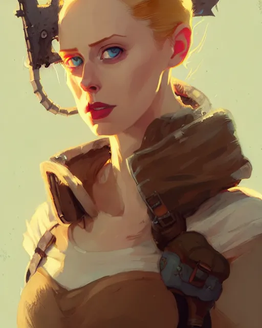 Image similar to hyper - realistic portrait of deborah ann woll as a adventurer by atey ghailan, by greg rutkowski, by greg tocchini, by james gilleard, by joe fenton, by kaethe butcher, dynamic lighting, gradient light yellow, brown, blonde cream and white color scheme, grunge aesthetic