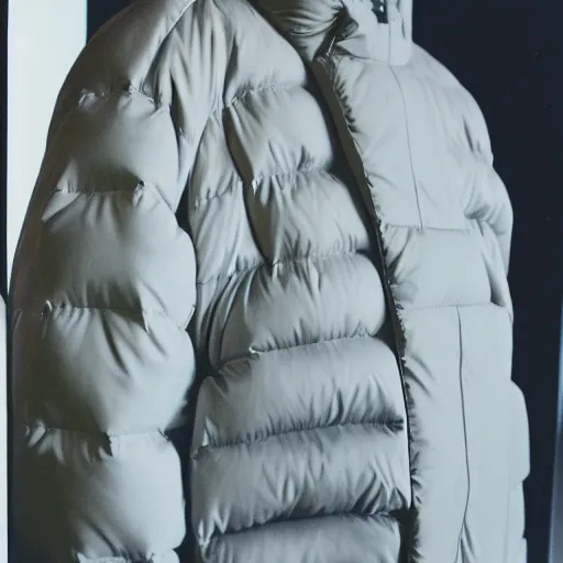 Image similar to realistic! photo of a balenciaga puffer jacket, color film photography, 35mm