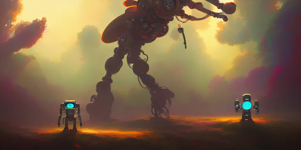 Prompt: psychedelic mushroom robot, extremely detailed digital painting, in the style of fenghua zhong and ruan jia and jeremy lipking and peter mohrbacher, mystical colors, rim light, beautiful lighting, 8 k, stunning scene, raytracing, octane, trending on artstation