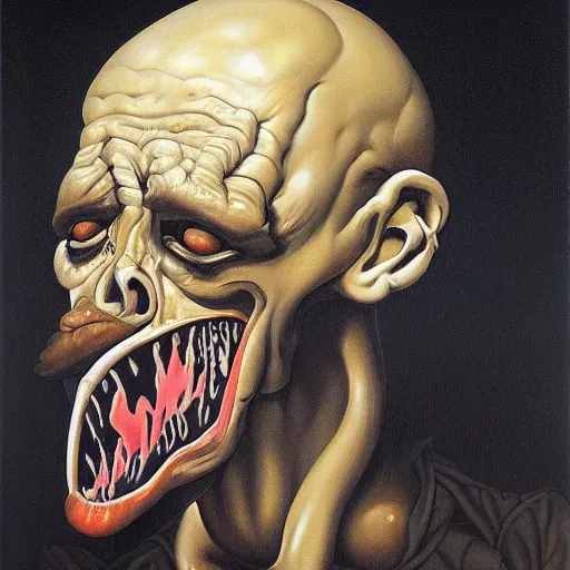 Prompt: Oil painting with black background by Christian Rex Van Minnen Robert Williams Todd Schorr of a portrait of an extremely bizarre disturbing mutated man with acne intense chiaroscuro lighting perfect composition