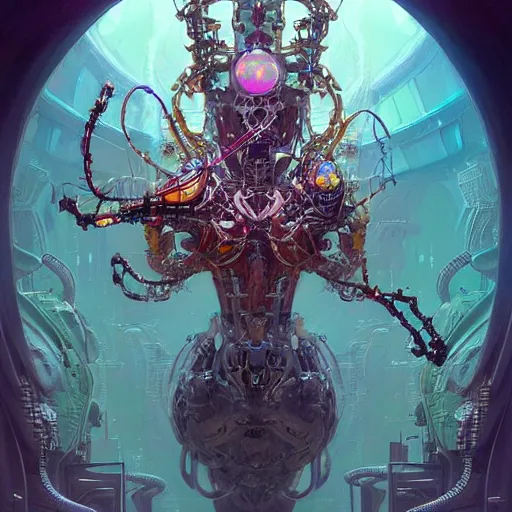 Image similar to biomechanical spider king, cyberpunk, bionics, augments, lights, cables, elegant gleaming intricate baroque jewellery, colorful, vivid, imposing, epic, digital painting, artstation, concept art, by peter mohrbacher and wlop and rhads,