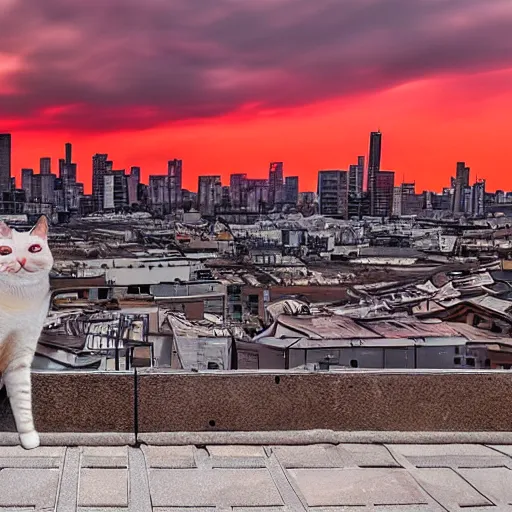 Image similar to cat watching post apocalyptic city with burning red sky