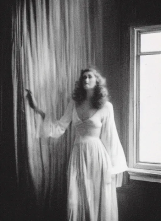 Image similar to a woman in a long flowing white dress dancing by a window in the afternoon, flash polaroid photo by george hurrell, hazy light rays, golden hour