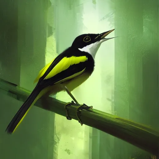 Image similar to green yellow white and black wren, reyezuelo listado, in avila pinewood, 4 k, concept art, by wlop, ilya kuvshinov, artgerm, krenz cushart, greg rutkowski, pixiv. cinematic dramatic atmosphere, sharp focus, volumetric lighting, cinematic lighting, studio quality