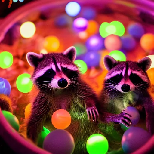 Image similar to raccoons in a ball pit in a forest at night with fairy lights