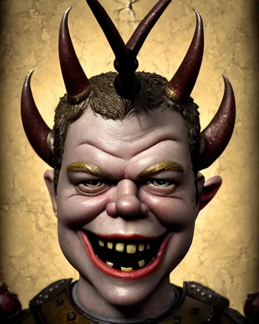 Image similar to highly detailed closeup, face profile portrait of a tin toy matt damon as a medieval demon with horns eating cakes in a castle, hyper realistic, artstation, illustration, nicoletta ceccoli, mark ryden, lostfish, dan decarlo, bob clampett, max fleischer, digital paint, matte paint, vivid colors, detailed and intricate environment