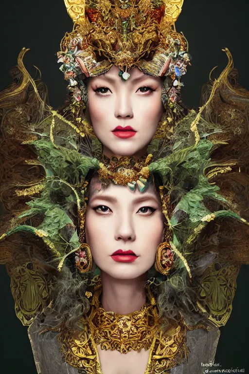 Image similar to a beautiful empress portrait, with a brilliant, impossible striking big Cat headpiece, clothes made of cats, everything cats, symmetrical, dramatic studio lighting, rococo, baroque, greens, asian, hyperrealism, closeup, D&D, fantasy, intricate, elegant, highly detailed, digital painting, artstation, octane render, 8k, concept art, matte, sharp focus, illustration, art by Artgerm and Greg Rutkowski and Alphonse Mucha