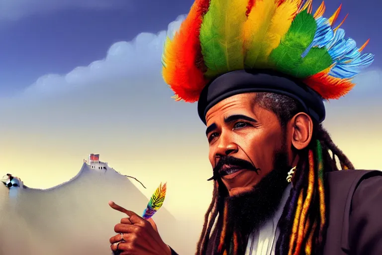 Image similar to rasta obama, on great wall of china, close up, wearing crown of bright feathers, long white moustache, artstation, fantasy, intricate, beautiful, cinematic, octane render, arnold render, 8k, hyperrealism, detailed, sharp focus, 4k uhd, masterpiece, award winning, painting by Ivan Aivazovsky and Greg Rutkowski