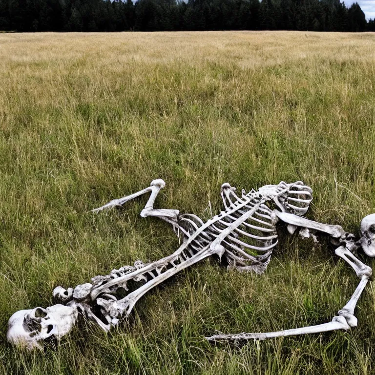 Prompt: decaying skeleton and bones. in a meadow