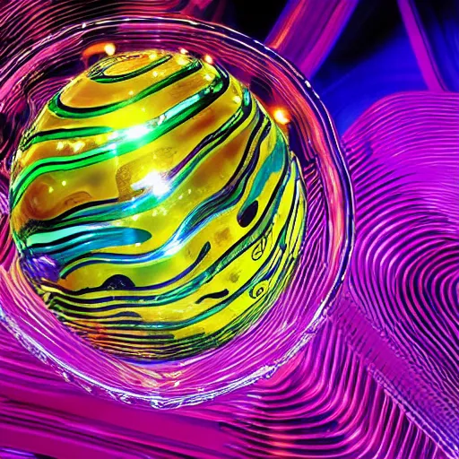 Prompt: portrait of a plasma energy tron murano faberge candy glass egg designed by david chihuly. made up of glowing swirling electric pixels. tron world background. photo still by annie liebowitz