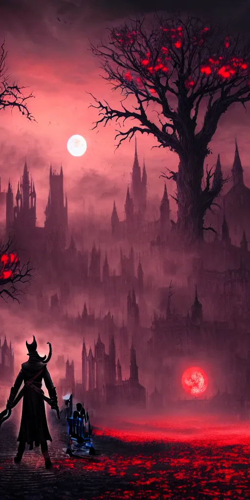 Image similar to populated bloodborne old valley with a dark person at the centre and a ruined gothic city in the background, trees and stars in the background, falling red petals, epic red - orange moonlight, perfect lightning, wallpaper illustration by niko delort and kentaro miura, 4 k, ultra realistic