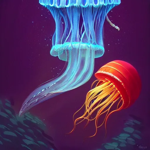 Image similar to jellyfish in a bright ocean, deep focus, fantasy, intricate, elegant, highly detailed, digital painting, artstation, concept art, matte, sharp focus, illustration, hearthstone, art by rhads and artgerm and greg rutkowski and alphonse mucha and gediminas pranckevicius