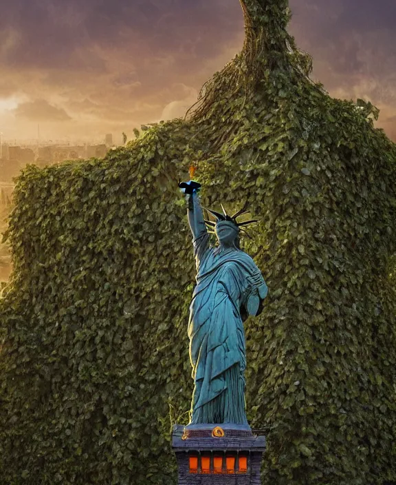 Prompt: highly detailed digital matte painting of a Lady Liberty statue covered in vines with overgrowth Full shot. By Raphael LaCoste and Ruan Jia and Robert McCall, postcyberpunk, geodesic dome, hyperdetailed, sunrise, wide shot, autochrome, octane render