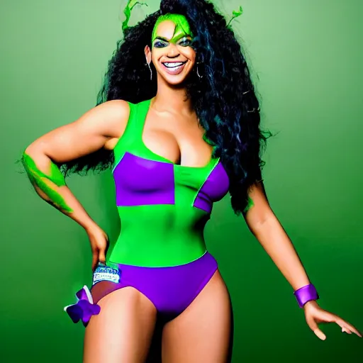 Image similar to Singer Beyoncé as the She-Hulk with green skin and dark green hair, wearing a white leotard with two purple vertical stripes, green skinned, wearing purple and white fingerless gloves, wearing purple and white sneakers, mini skirt, smiling, detailed legs, hyperreal, surreal, bokeh, tilt shift photography, green arms, green legs, green face,