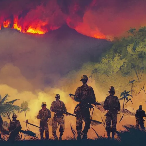 Image similar to handmade illustration of an epic Vietnam war scene with a many soldiers walking, the jungle at the background, Jamaica flag, some smoke and fire, blue sky with dramatic clouds, line art, ink, watercolor by Kilian Eng and by Jake Parker, heavy brushstrokes, winning-award masterpiece, fantastic, octane render, 8K HD Resolution, High quality image