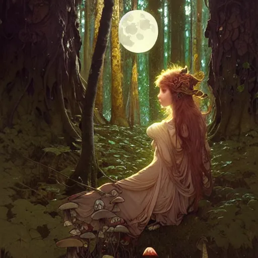 Image similar to A girl surrounded by magical mushrooms in an old forest setting with a full moon above her head, face, intricate, elegant, highly detailed, digital painting, artstation, concept art, smooth, sharp focus, illustration, art by Krenz Cushart and Artem Demura and alphonse mucha