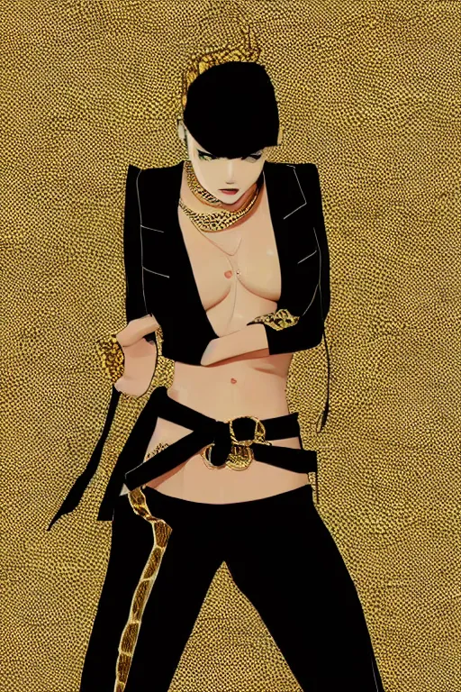 Image similar to yakuza slim girl, gold suit jacket in snake print, jacket over bare torso, yakuza tattoo on body, black short curtain haircut, black leather pants with black belt, elegant, 2d, ultra highly detailed, digital painting, smooth, sharp focus, artstation, art by Ilya Kuvshinov