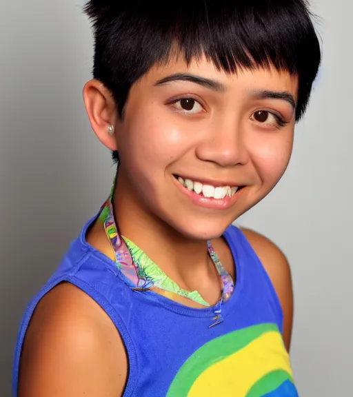 Prompt: a professional portrait of a 1 7 year old hispanic filipina girl with a sporty flair, mahogany eyes, dyed rainbow hair in a pixie cut, a blue tank top, a confident smile, small stature, athletic, warm brown eyes