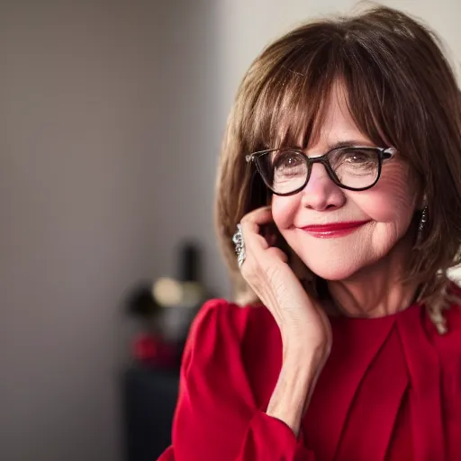 Image similar to dslr portrait still of sally field wearing a beautiful red dress, 8 k 8 5 mm f 1. 4