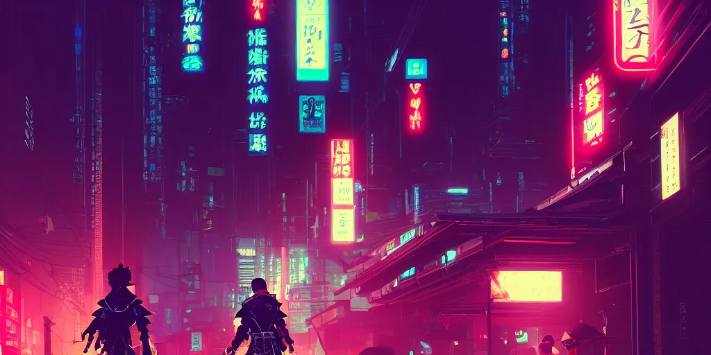 Image similar to digital illustration closeup of cyberpunk samurai in city street at night by makoto shinkai, ilya kuvshinov, lois van baarle, rossdraws, basquiat | afrofuturism, in the style of hearthstone, trending on artstation | cool color scheme