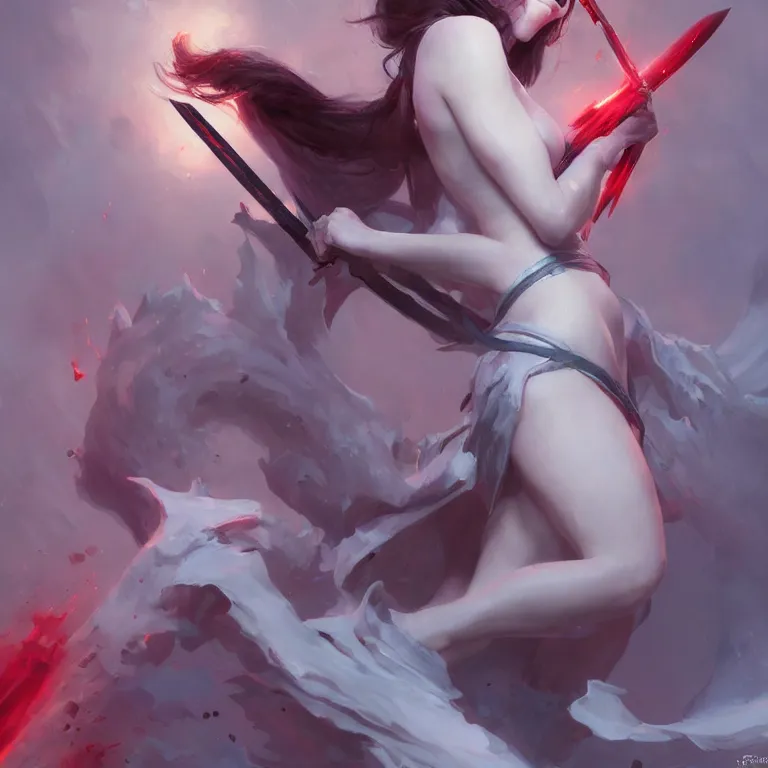 Image similar to portrait of felicity jones as a beautiful pale laughing succubus maiden with sword, nimbus, red lighting, masterpiece 4 k digital illustration by ruan jia and mandy jurgens and artgerm, highly detailed, trending on artstation, award winning