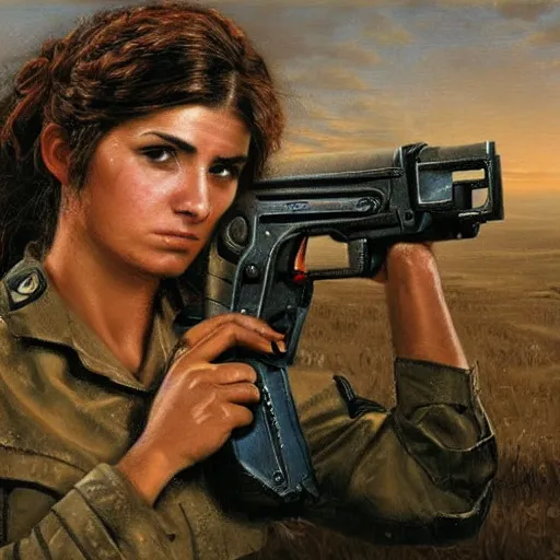 Prompt: a female israeli soldier pressing a staple gun to her head and looking depressed by thomas kincade realistic, high details