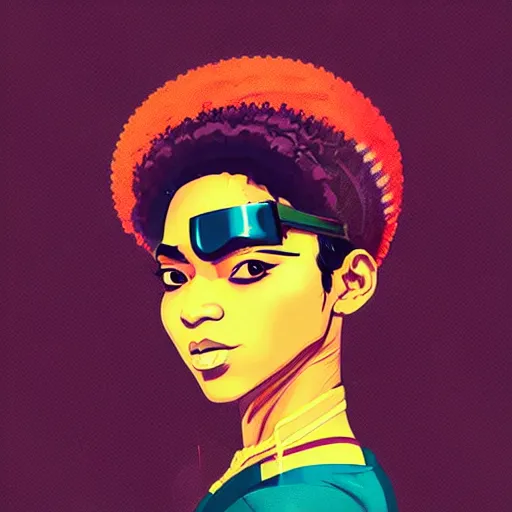 Prompt: Sachin Teng illustration of an afropunk female villain character, medium shot, asymmetrical, profile picture, outlines, rich colours, , trending on artstation, by Sachin Teng