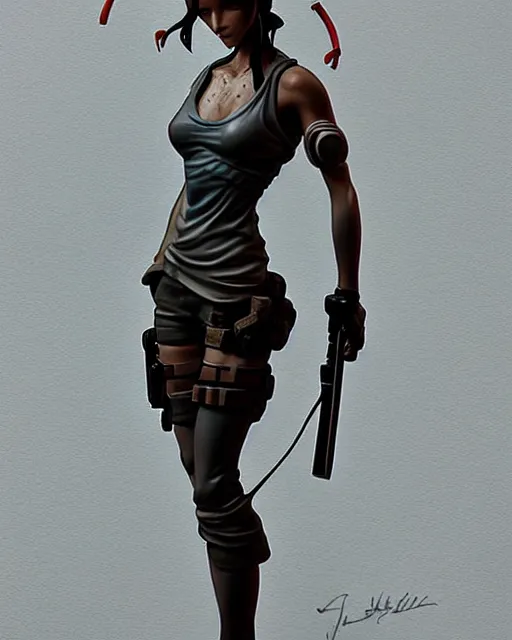 Image similar to james jean isolated vinyl figure pretty lara croft character design, figure photography, dynamic pose, holographic undertones, glitter accents on figure, anime stylized, sharp focus, accurate fictional proportions, high delicate defined details, ethereal lighting