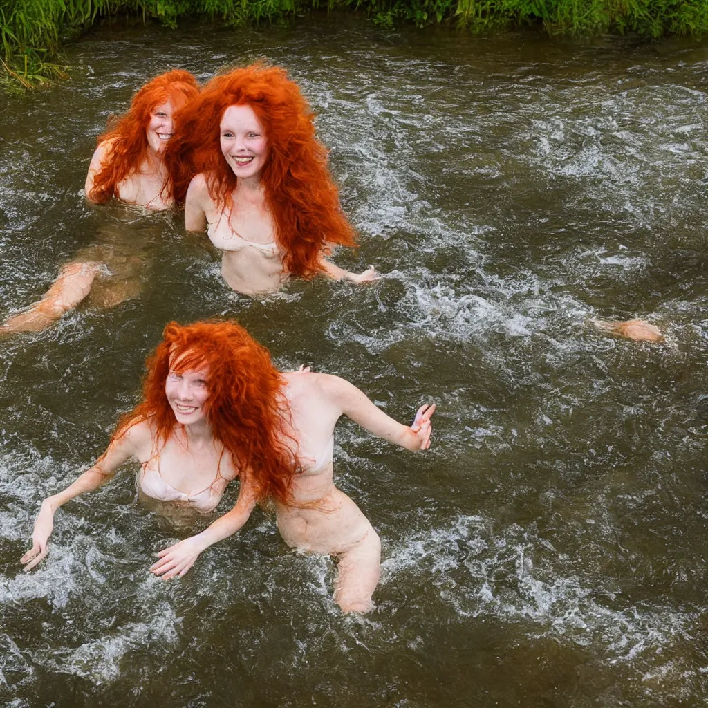 Image similar to lovely 7 0's 1 6 mm photograph of two long haired redhead women having fun swimming in a creek, golden hour, soft light, sun reflecting off of the water, 4 k