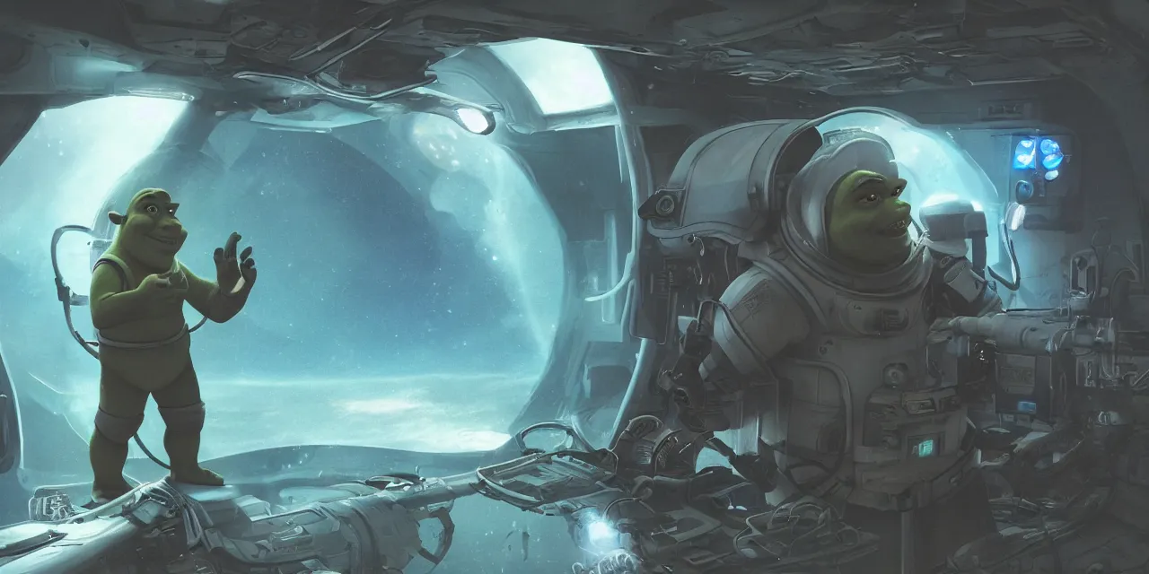 Prompt: Shrek with as a futuristic astronaut, outside large window of ship, helmet with clear HUD shield and led lights, underwater in the ocean at night, dark water, volumetric lighting, glowing lights, 4k, octane, digital painting, artstation, concept art, sharp focus, illustration, high contrast, high saturation , cinematic film still, art by artgerm and greg rutkowski and alphonse mucha , wide angle view,