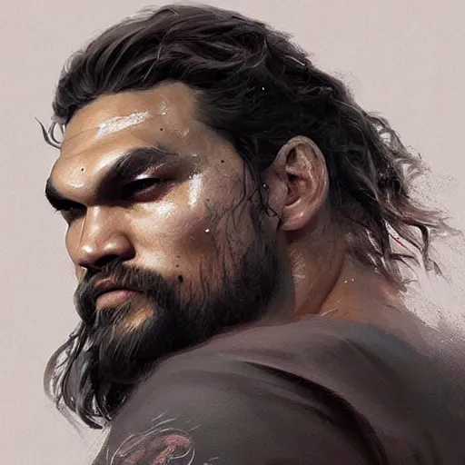 Image similar to “ portrait of jason momoa by greg rutkowski, young, attractive, highly detailed portrait, scifi, digital painting, artstation, concept art, smooth, sharp foccus ilustration, artstation hq ”