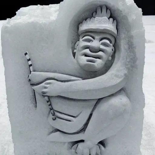 Prompt: ice carving of fred flintstone talking to a hamster, drone, in the style of ancient egyptian art, epic, natural