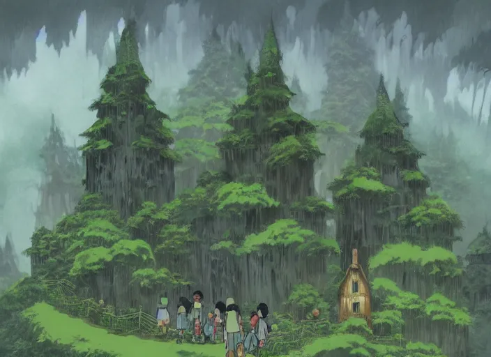 Image similar to a great village high in the trees, fantasy landscape, foggy, art by studio ghibli