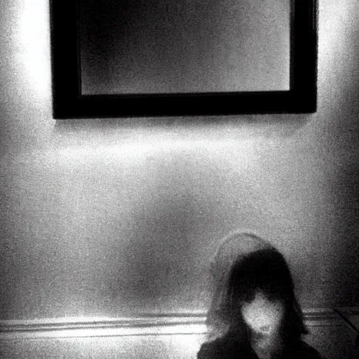 Image similar to Brittany Murphy spirit in the dark misty mirror, dark eerie pic, photo taken by ghost adventures