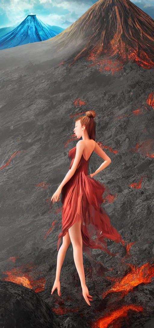 Image similar to a beautiful hyperrealistic ultradetailed 3D, one girl in a magnificent dress stands near a volcano, voge photo, fashion style, fullbody, in full growth, photorealistic, high resolution, trending on artstation, highly detailed, volumetric lighting,artstation, concept art, master illustration, elegant, details, good clear quality, volumetric lighting,