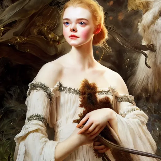 Prompt: Elle Fanning looking into the fire, artstation, by J. C. Leyendecker and Peter Paul Rubens, Extremely detailed. 4K. Award winning.