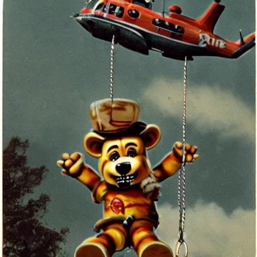 Image similar to vintage photograph of freddy fazbear being dangled by a helicopter