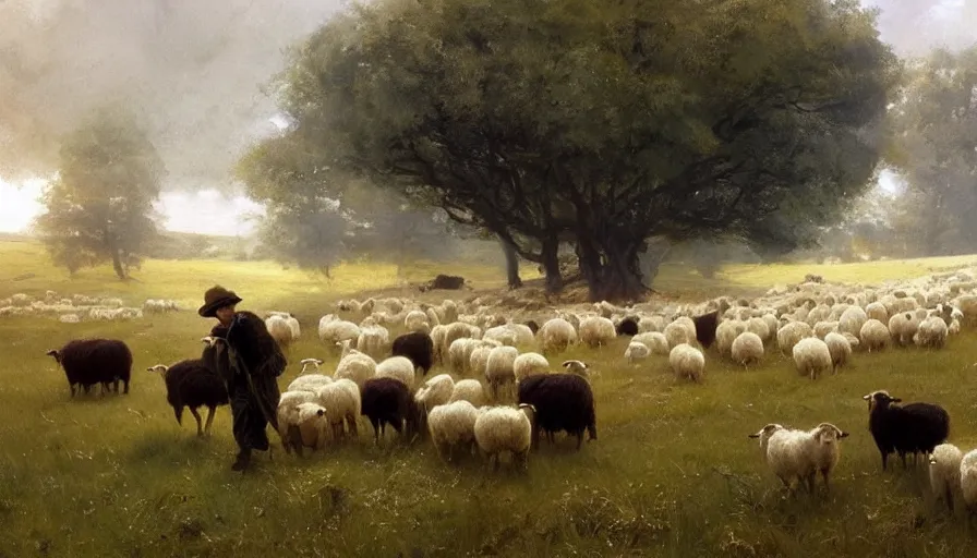 Image similar to simple amish shepherds with flocks of sheep in open fields, art by anders zorn, wonderful masterpiece by greg rutkowski, beautiful cinematic light, american romanticism thomas lawrence, greg rutkowski