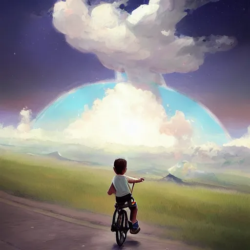 Prompt: A whimsical painting of a boy riding a bicycle in the sky, flying through the clouds, digital art, artstation, Mandy Jurgens, CGSociety, WLOP