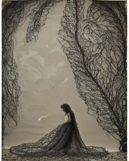 Image similar to a woman standing by the sea, made of intricate decorative lace leaf skeleton, in the style of the dutch masters and gregory crewdson, dark and moody