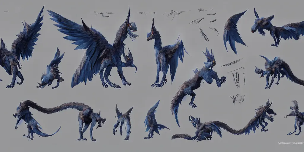 Image similar to Azure feathered winged wolf character design sheet, Monster Hunter Illustrations art book, big claws, huge wings, long tail, Moebius, Greg Rutkowski, Zabrocki, Karlkka, Jayison Devadas, Phuoc Quan, trending on Artstation, 8K, ultra wide angle, zenith view, pincushion lens effect.