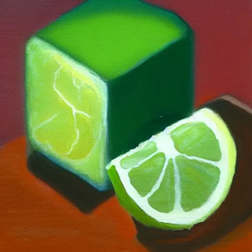 Image similar to oil painting of an ice cube in front of a slice of lime.