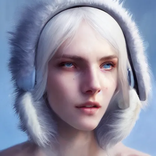 Image similar to a white haired girl wearing earmuffs with cyborg eyes, digital art, 8 k resolution, unreal engine, highly detailed, pretty face, very beautiful face, very detailed eyes, photorealistic by wlop, greg rutkowski