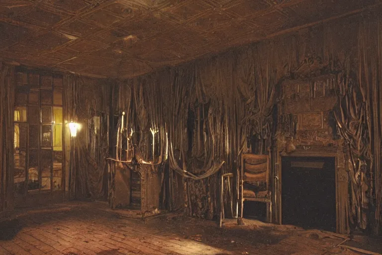 Image similar to full - color photo of the interior of a spooky old mansion at night. the interior architecture and layout are illogical, surreal, bizarre, complicated, and labyrinthine. there is a faintly - visible victorian ghost lurking.