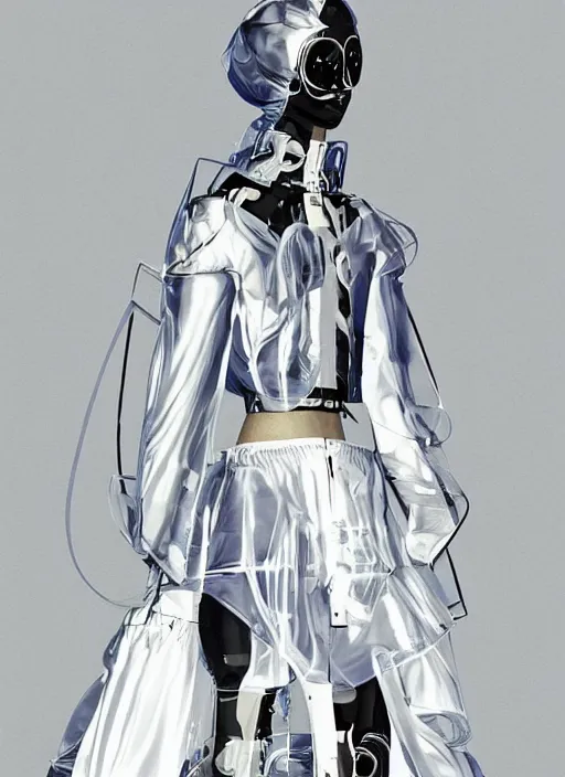 Image similar to an early 0 0's cyber digital portrait of a futuristic beautiful girl detailed features wearing a wedding dress with a puffy skirt utility - chic trend. lots of zippers, pockets, synthetic materials, jumpsuits. by balenciaga and issey miyake by ichiro tanida and armin vit