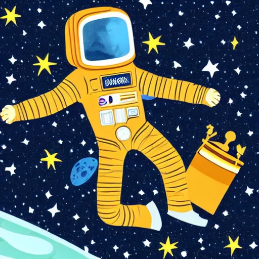 Image similar to neanderthal in a space suit floating in space, stars glittering in background