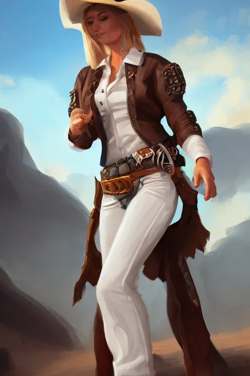 Image similar to full body, female cowgirl, perfect face, white blouse, holster, 8 k, magic the gathering, desert, d & d, artstation, high detail, smooth, sweaty character concepts by senior concept artist