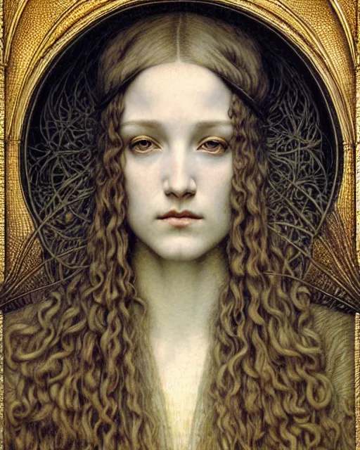 Image similar to detailed realistic beautiful young medieval queen face portrait by jean delville, gustave dore and marco mazzoni, art nouveau, symbolist, visionary, gothic, pre - raphaelite. horizontal symmetry