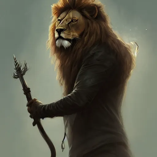 Image similar to an anthropomorphic half lion half human wizard holding a wand,wizard,fantasy art,digital art,art by greg rutkowski,realiatic,photorealistic,hyperdetailed,detailed face,professional lighting,mysterious,deviantar,artstation